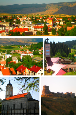 Krenuvši od gore lijevo: Panoramski pogled Glamoča, panoramski pogled Lamela i Luka, katolička crkva, pravoslavna crkva, srednjovjekovna tvrđava.