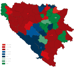Stanovništvo Bosne i Hercegovine po kotarima prema popisu iz 1953. godine; pravoslavci - crvena, muslimani - zelena, katolici - plava