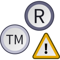 "R" u krugu, "TM" u krugu, uskličnik u trokutu upozorenja.
