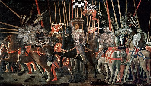 Kontranapad Michelotta da Cotignola u bitci kod San Romana (oko 1455.), tempera na drvu, 182 × 317 cm, Louvre, Pariz