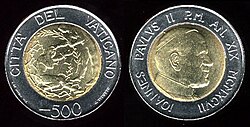 Kovanice od 500 vatikanskih lira sa slikom pape Ivana Pavla II.