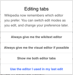 Screenshot showing a pop-up dialog for switching from the wikitext editor to the visual editor