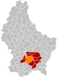 Grad Luxembourg (narančasto), kanton (crveno) i distrikt (tamno sivo)