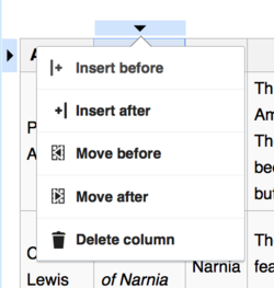 Screenshot showing a dropdown menu with options for editing the table structure