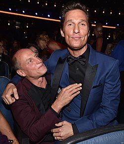 A photograph of Woody Harrelson and Matthew McConaughey at the 66th Primetime Emmy Awards