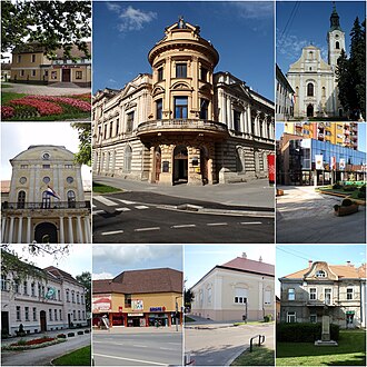 S lijeva nadesno: Gradsko kazalište Virovitica, Prva hrvatska stambena štedionica (danas zgrada FINA-e), crkva Sv. Roka, Dvorac Pejačević-Schaumburg-Lippe-Drašković, Gradska uprava, Gimnazija Petra Preradovića, Trg dr. Franje Tuđmana, Schubertova kuća, Spomenik "Rodoljubu" i u pozadini stoljetna kuća Ivana Dobravca Plevnika