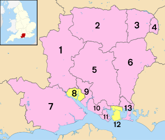      Unitarna uprava;      Područje grofovijskog Vijeća (1) Test Valley, (2) Basingstoke and Deane, (3) Hart, (4) Rushmoor, (5) Winchester, (6) East Hampshire, (7) New Forest, (8) Southampton (unitarna uprava), (9) Eastleigh, (10) Fareham, (11) Gosport, (12) Portsmouth (Unitarna uprava) (13) Havant.