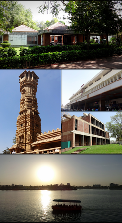 Znamenitosti Ahmedabada u smjeru kazaljke na satu: Gandhi Smarak Sangrahalay, Željeznički kolodvor Ahmedabada, Sveučilište CEPT, Jezero Kankaria i Kirti Stambh kod jainskog hrama Hutheesing.