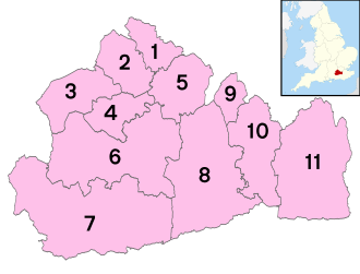 (1) Spelthorne, (2) Runnymede, (3) Surrey Heath, (4) Woking, (5) Elmbridge (6) Guildford, (7) Waverley, (8) Mole Valley, (9) Epsom and Ewell, (10) Reigate and Banstead, (11) Tandridge