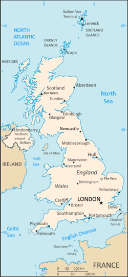 Karta UK s oznakom Cambridgea